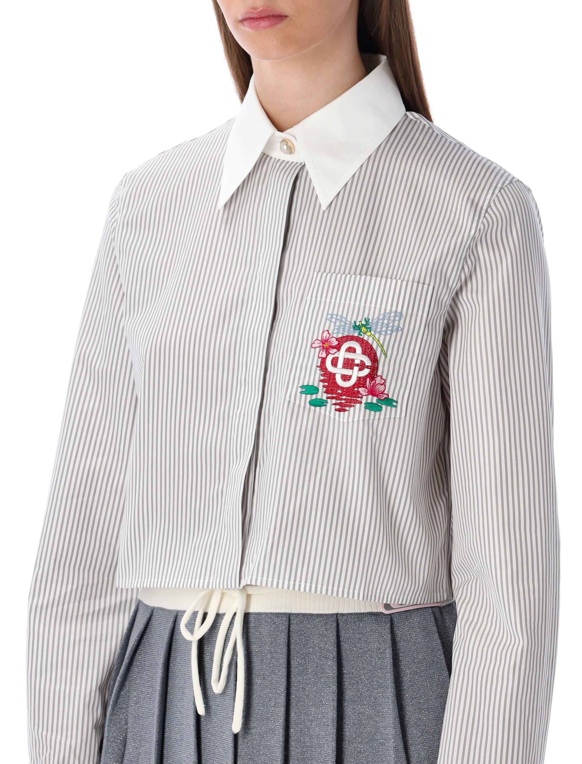 CASABLANCA Cropped Striped Shirt with Floral Embroidery