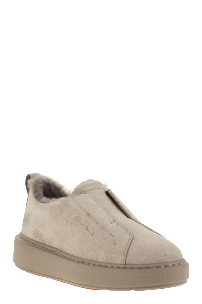 SANTONI Fur-Lined Slip-On Suede Sneakers for Women