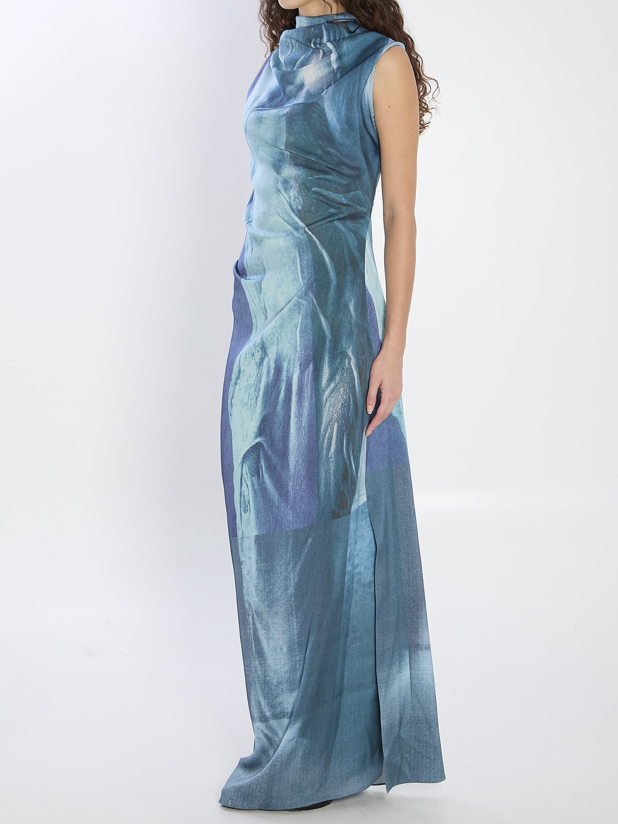 JEAN PAUL GAULTIER Water Print Long Dress with Adjustable Neckline - XS