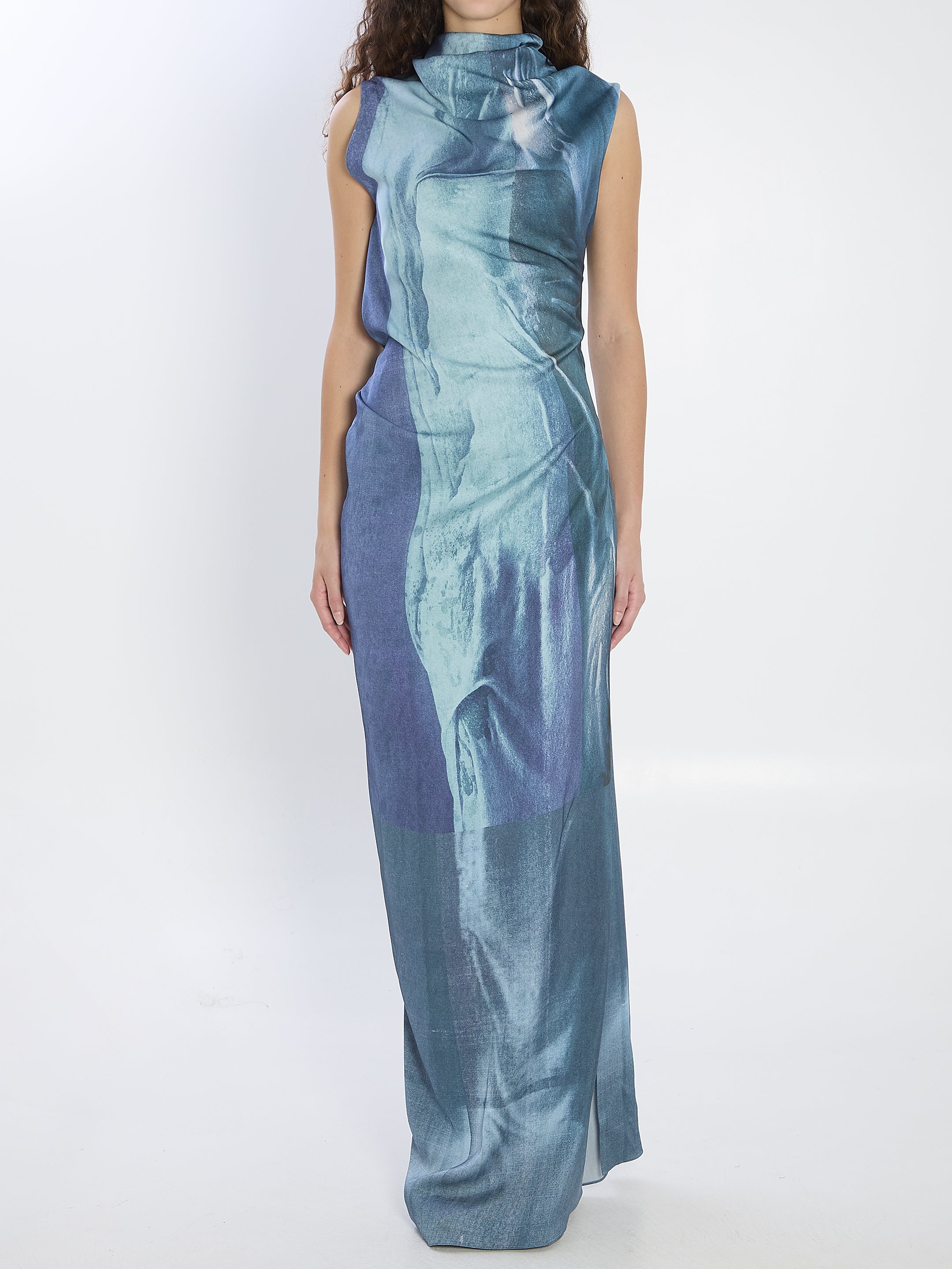 JEAN PAUL GAULTIER Water Print Long Dress with Adjustable Neckline - XS