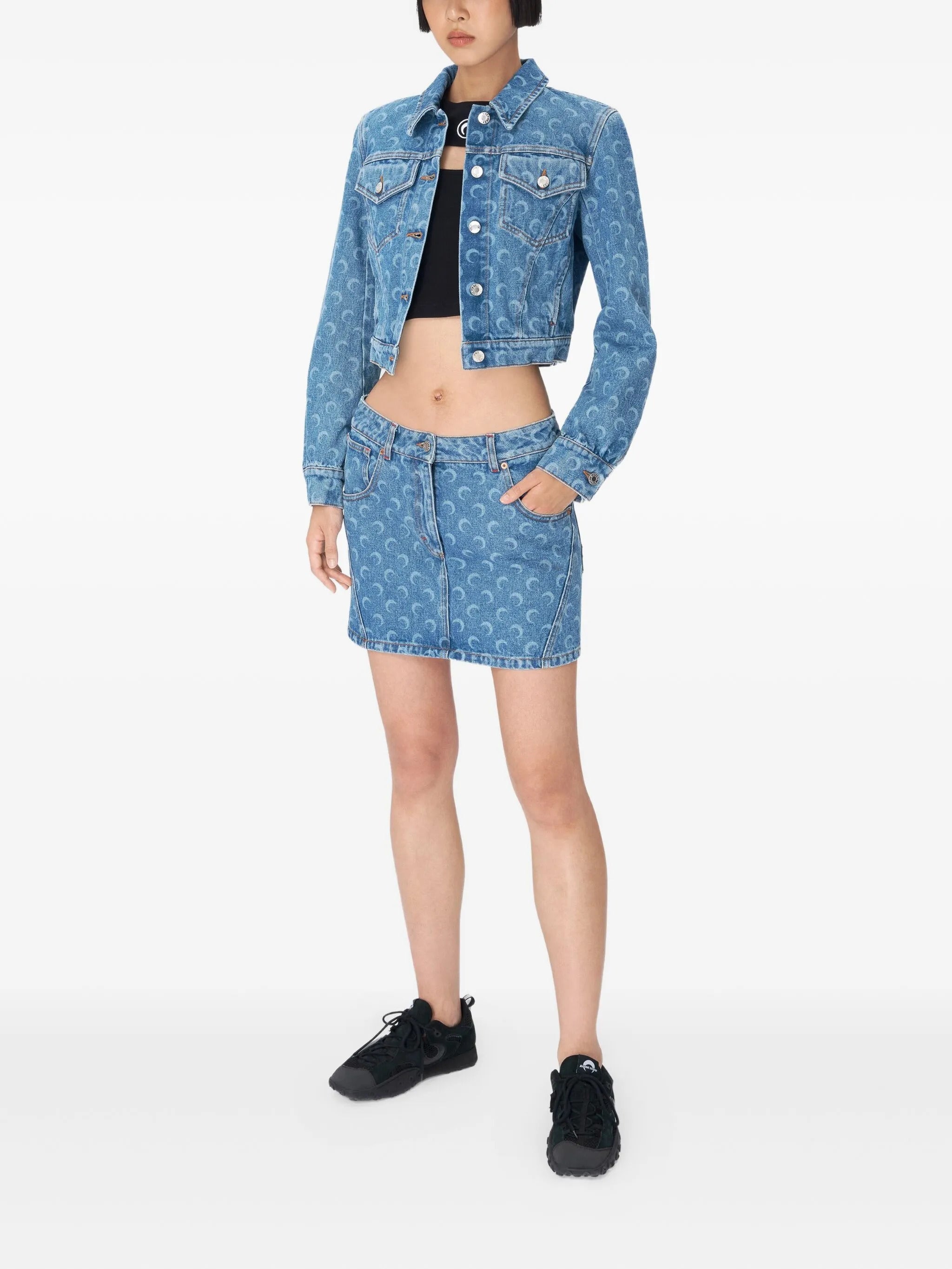 MARINE SERRE Cropped Mini Denim Jacket with Graphic Moon Design