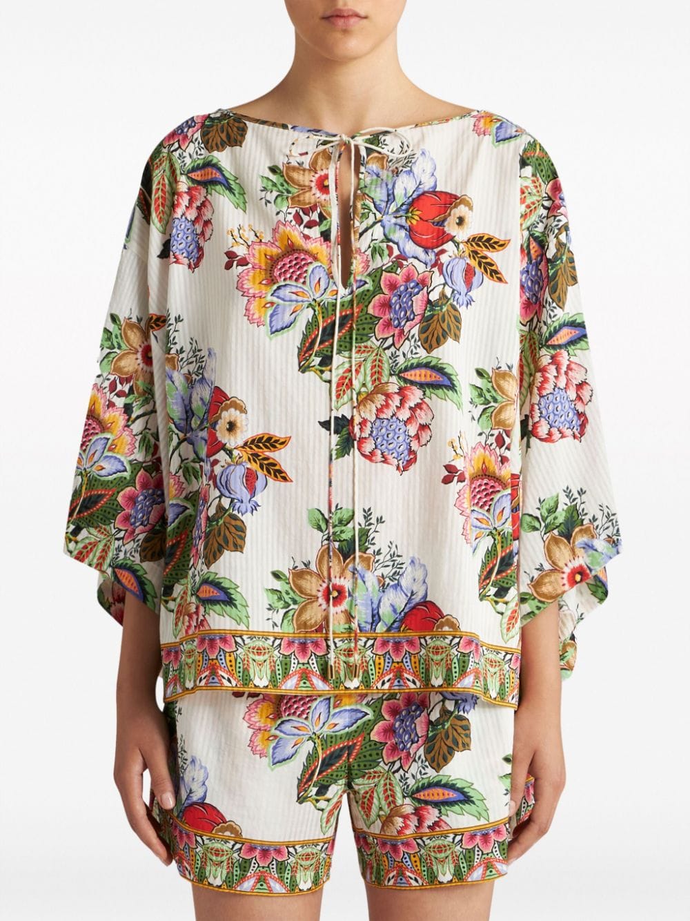 ETRO Vertical Stripe Floral Print Gathered Tie Neck Top - Women's SS24
