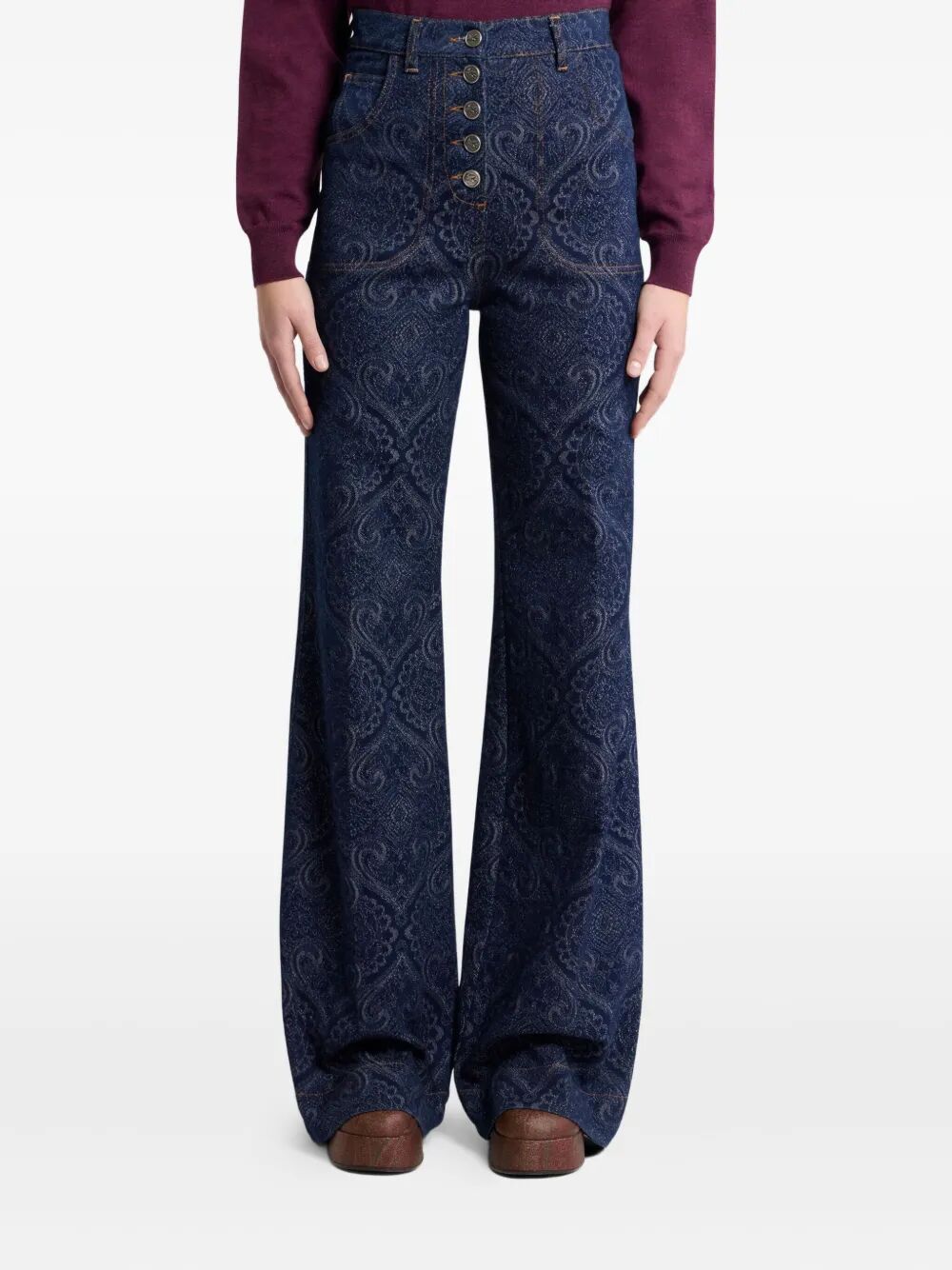 ETRO Flared Jacquard Denim Jeans with Pegasus Buttons - Regular Fit, High Waisted