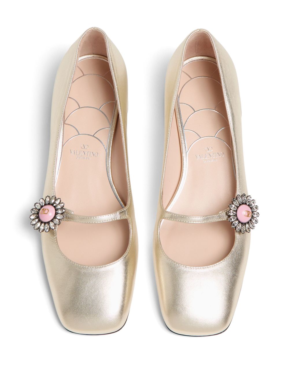 VALENTINO GARAVANI Mary-Jane Preshoes Leather Ballets with Gold-Tone Block Heel