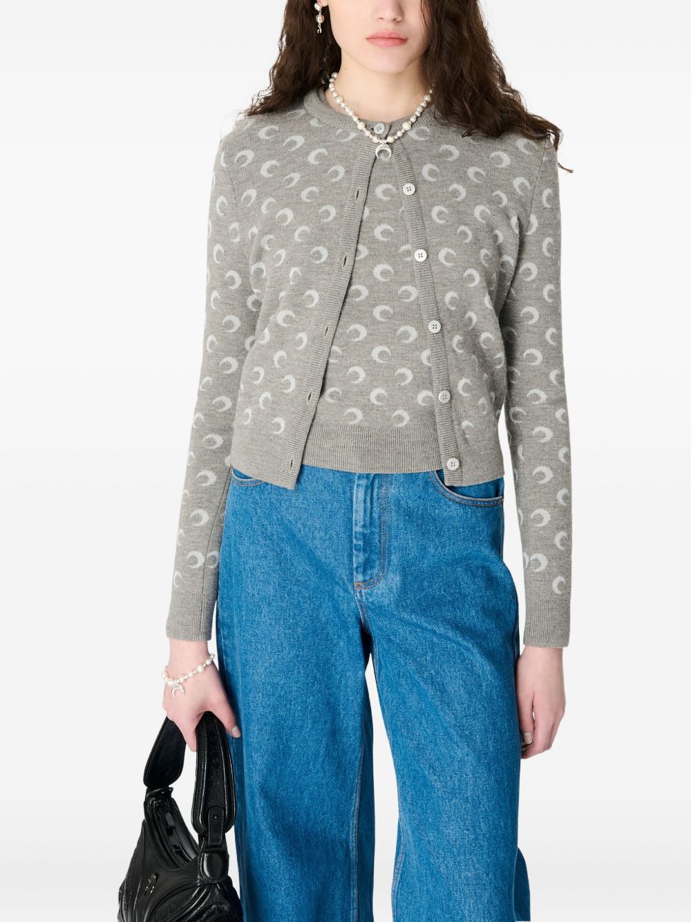 MARINE SERRE Wool Blend Cardigan with Crescent Moon Pattern