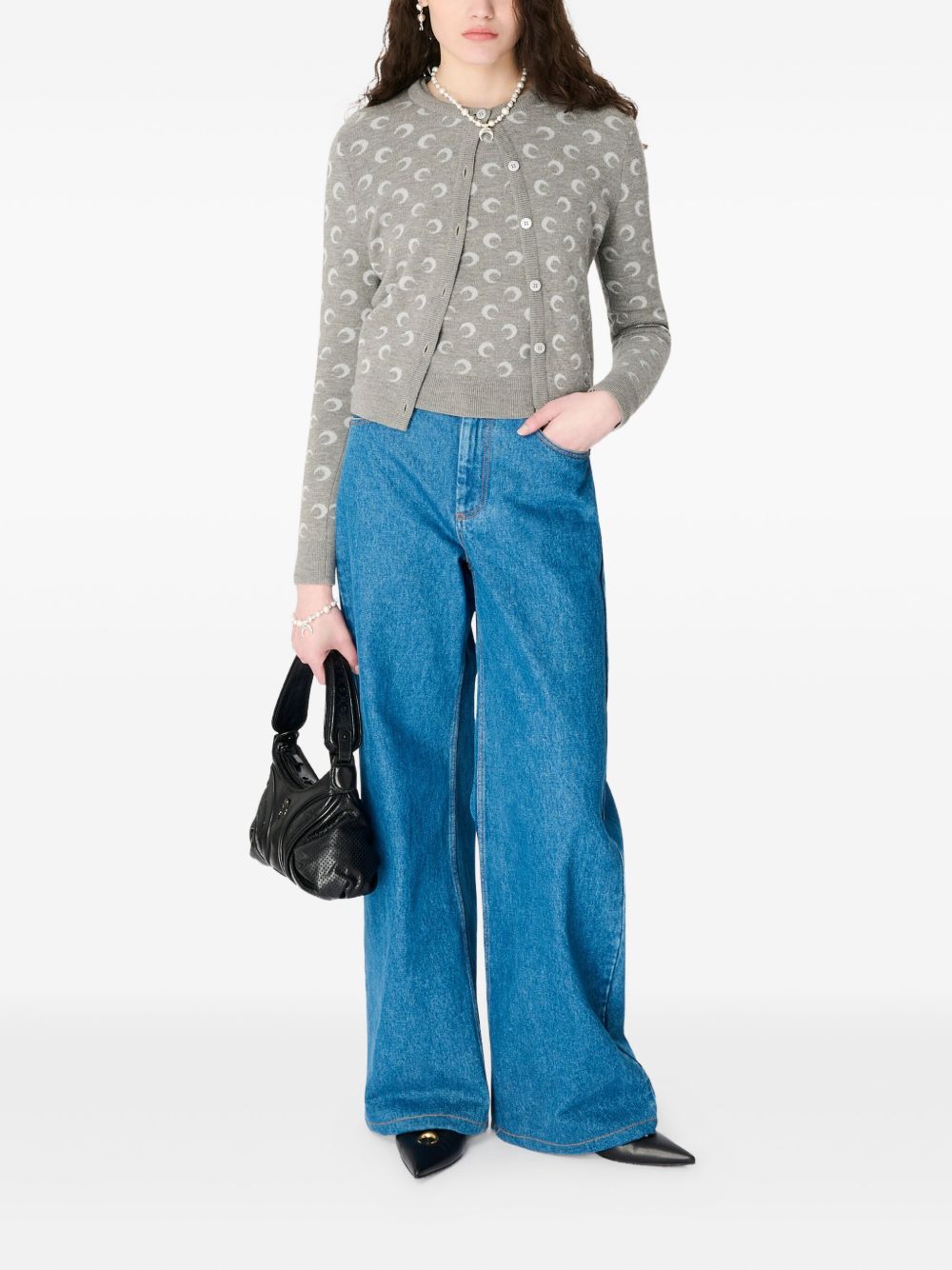 MARINE SERRE Wool Blend Cardigan with Crescent Moon Pattern