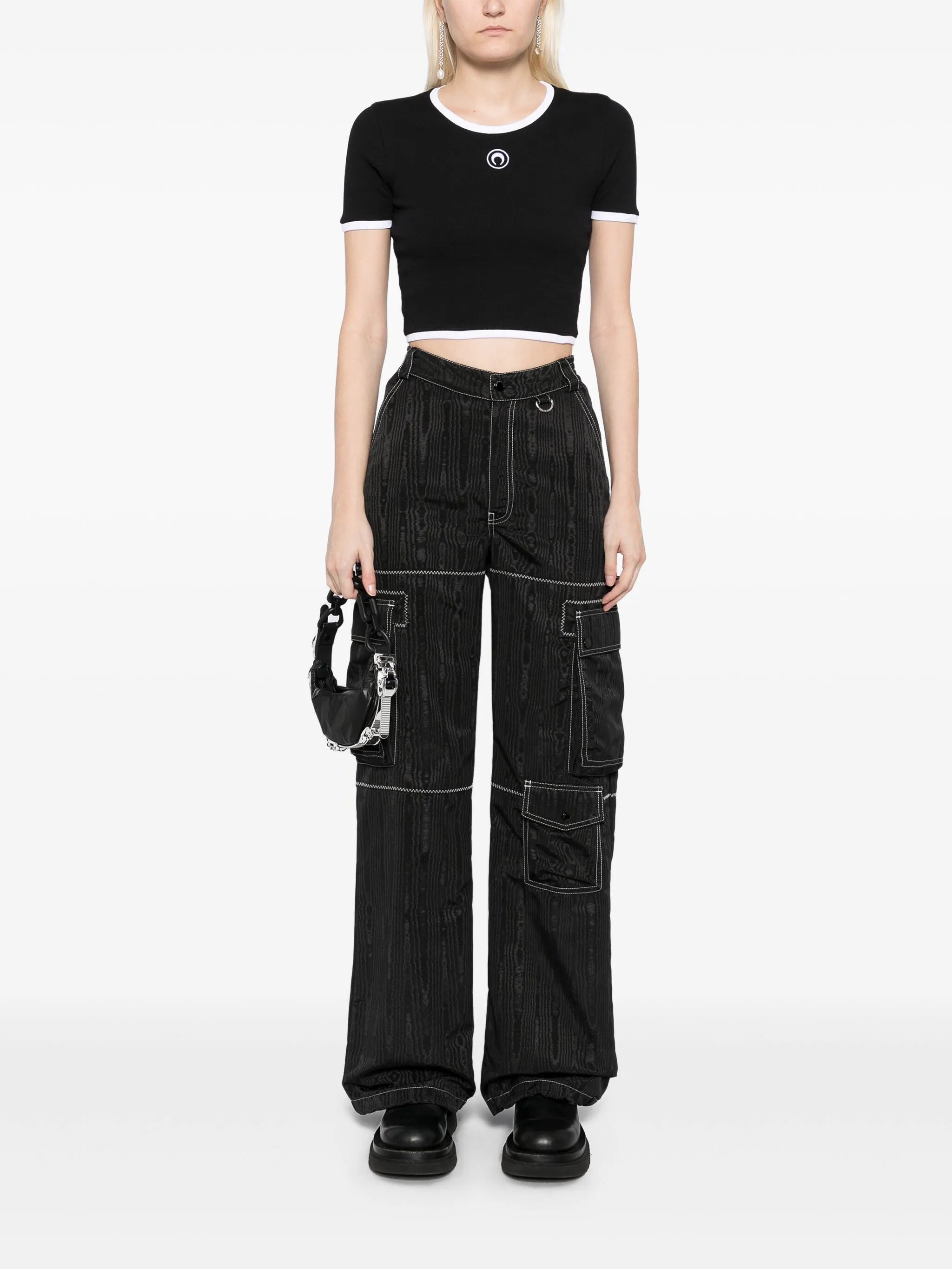 MARINE SERRE Cropped Ribbed T-Shirt with Moon Logo