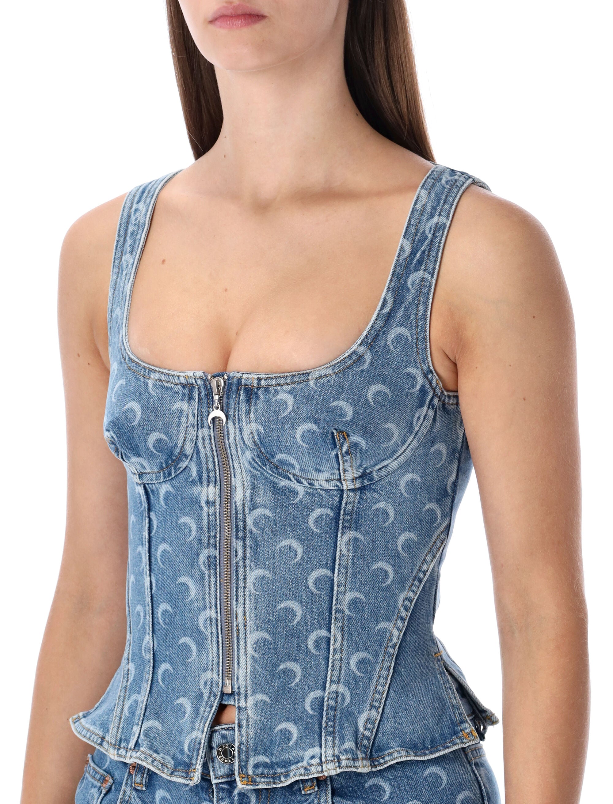 MARINE SERRE Sculptural Moon Laser Denim Bustier Top - Size 36