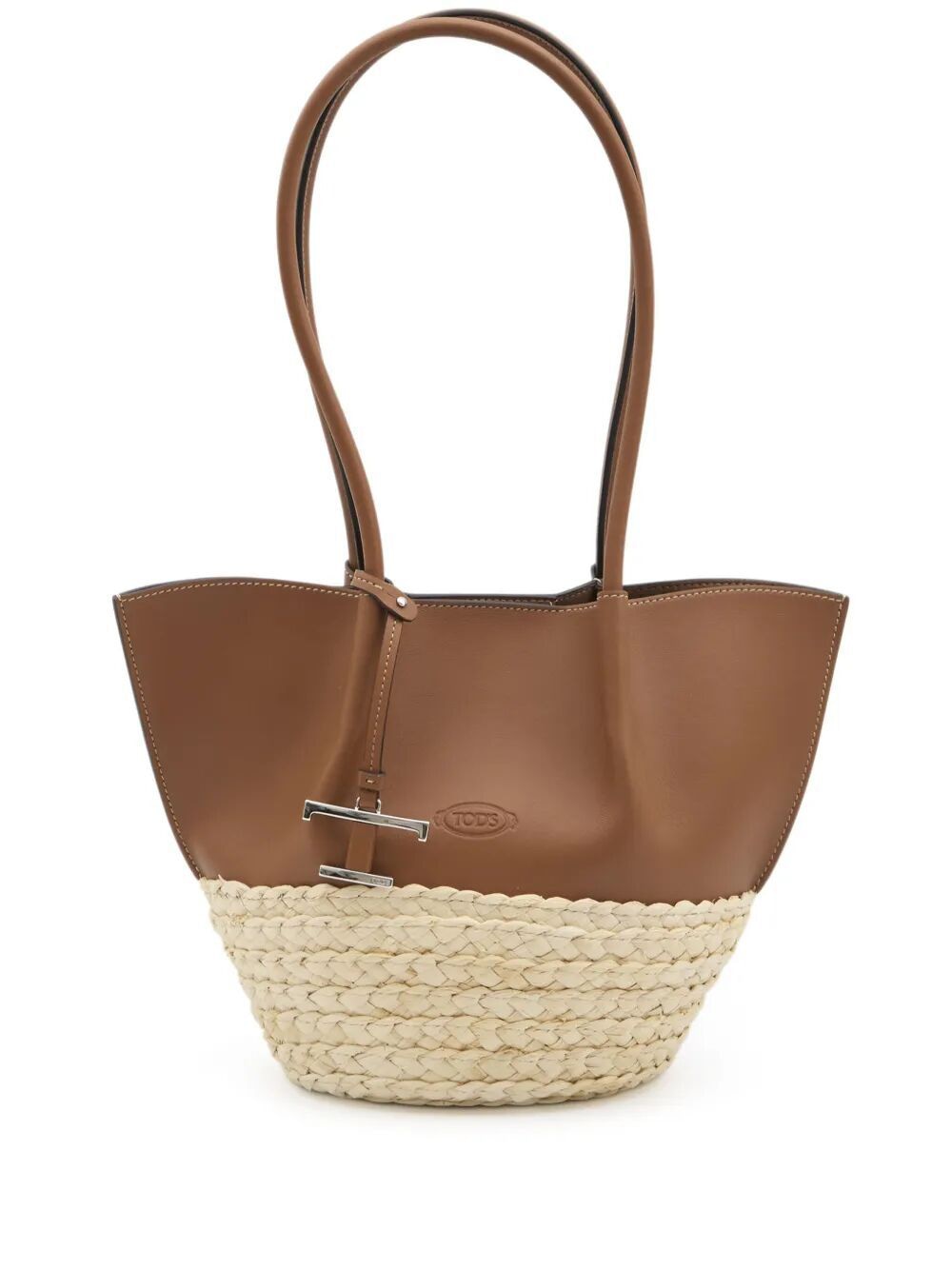 TOD'S Mini Two-Tone Leather and Raffia Shopping Handbag
