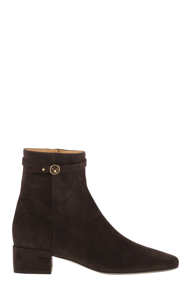 TOD'S Soft Suede Ankle Boots with Monogram Strap - 4.5 cm Heel