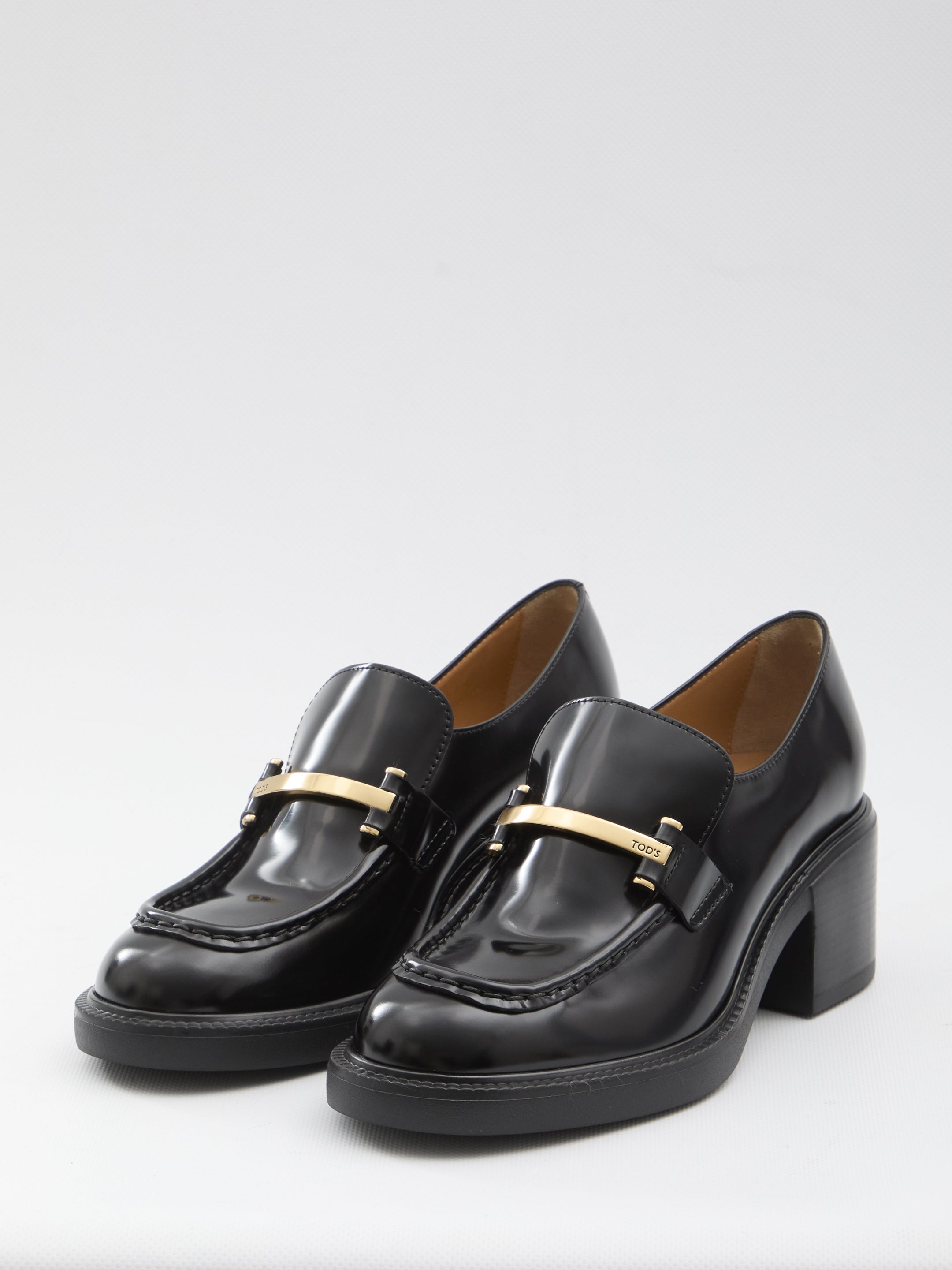TOD'S Slip-On Moccasins with Logo Plaque and Mid Block Heel