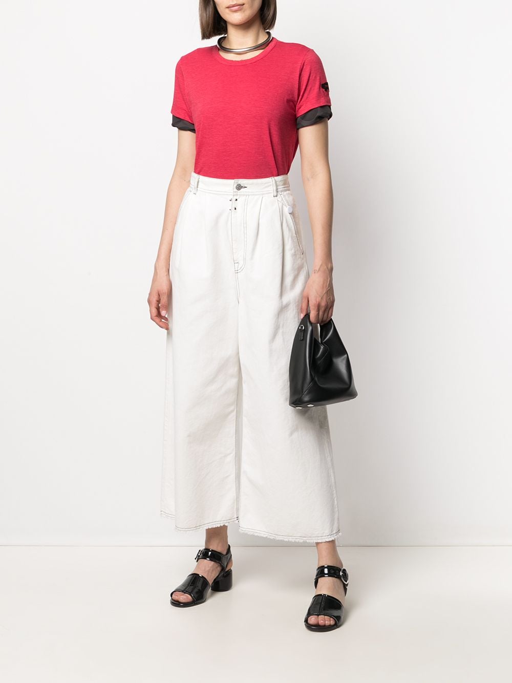 Y'S Uneven Yarn Pleated Polka Pig Short Sleeve T-Shirt